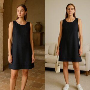FLAX Womens Linen Mini Dress Black Small Minimalist • Lagenlook • Coastal
